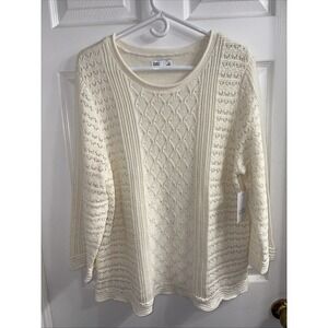 Croft & Barrow Sweater Cream Textured Knit Crew Neck Crochet 3/4 Sleeve